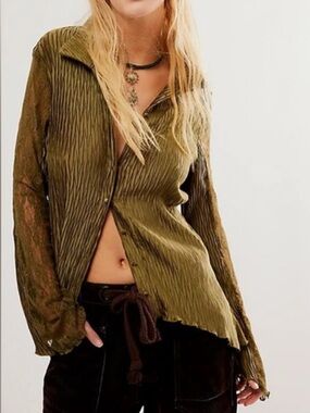 Free People Green Asymmetrical Pleated Button Down